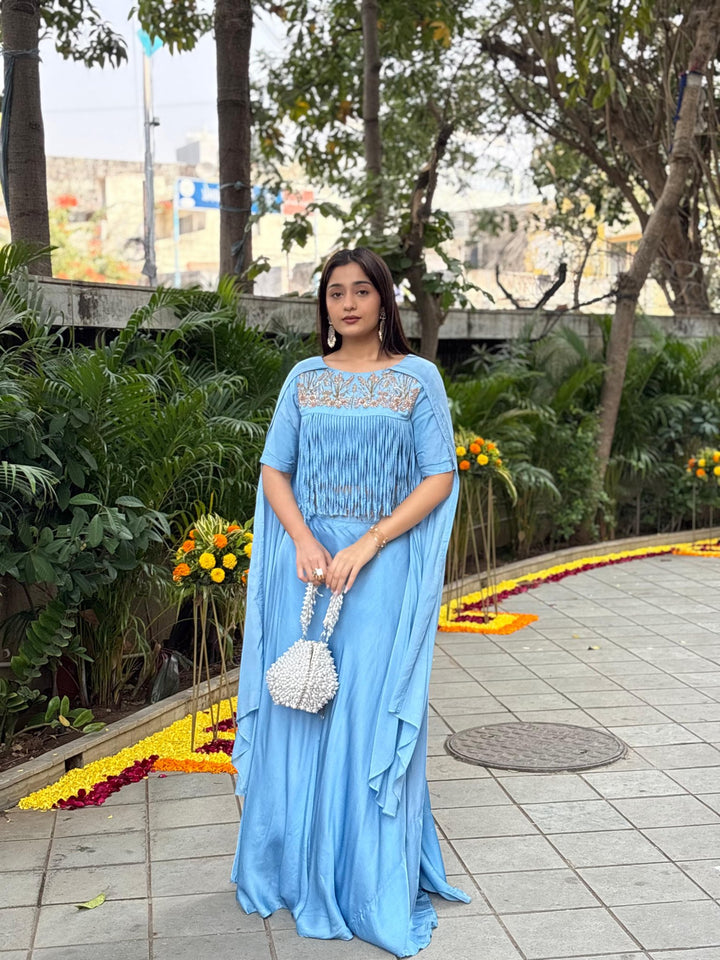 Dusty Blue Jardosi Skirt Set