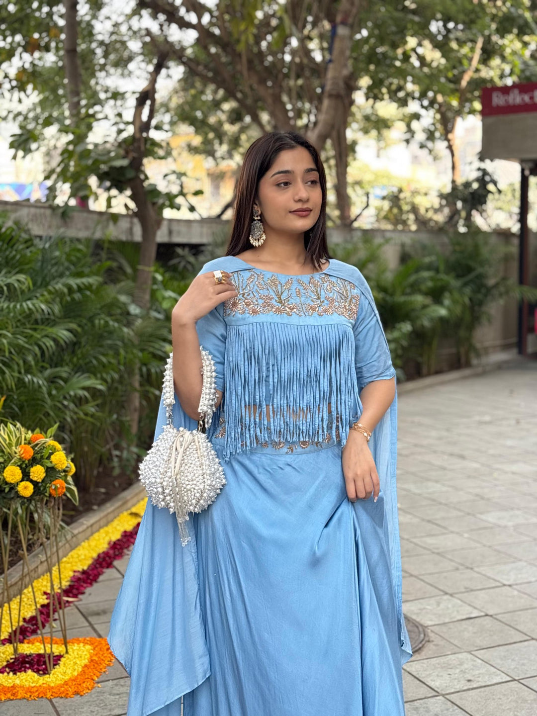 Dusty Blue Jardosi Skirt Set