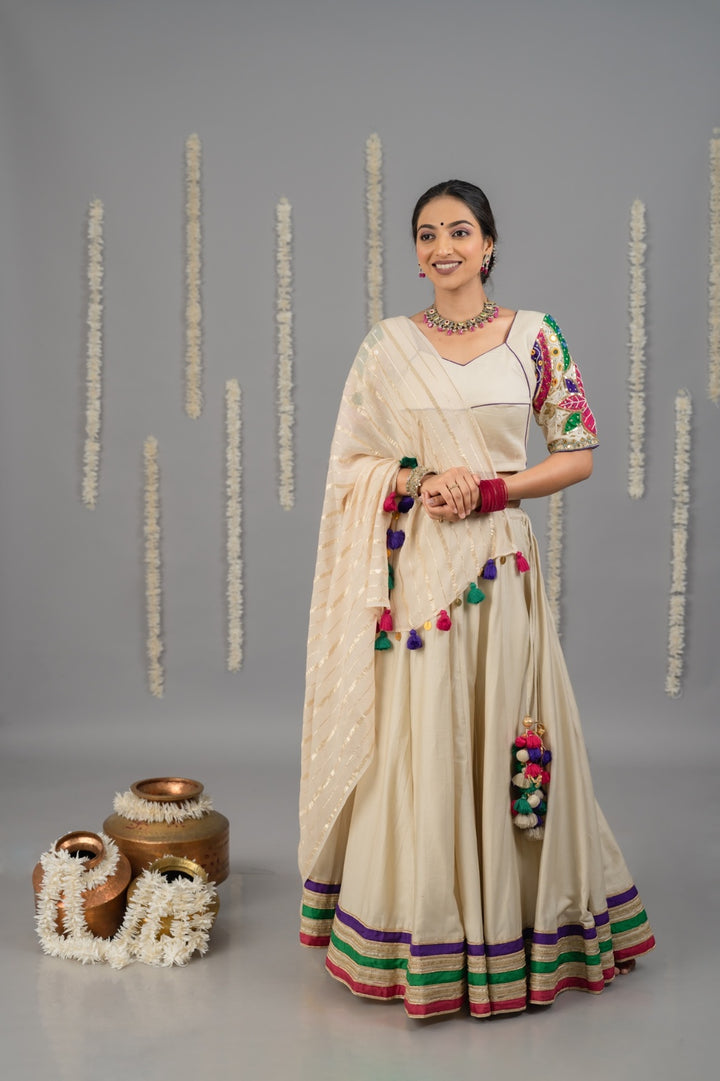 Beige cotton satin lehenga set with mirror work blouse and multicolour detailing and georgette dupatta women Navratri outfit 