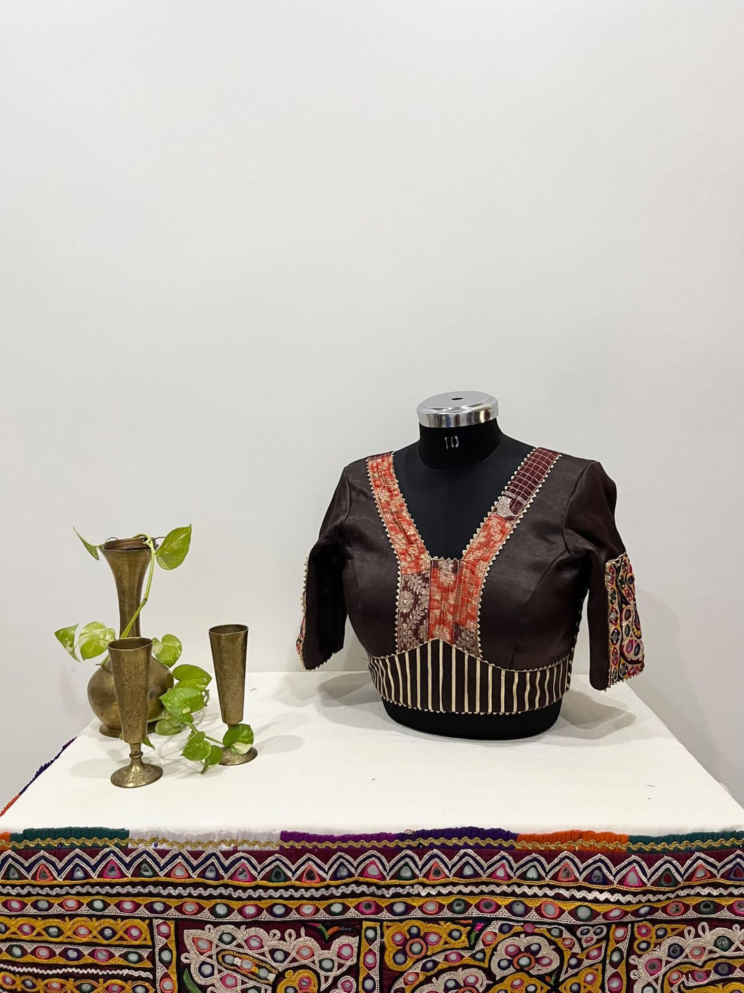 Brown gajji silk Banarasi border and patchwork detailing blouse for festive and Navratri wear 