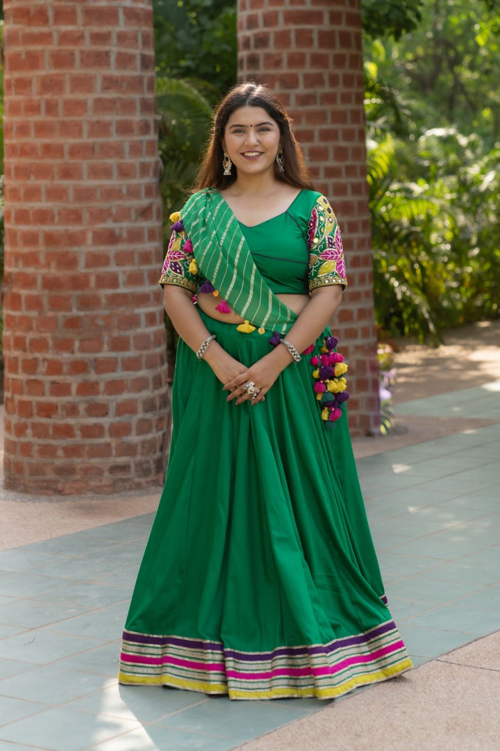 Green chaniya choli cotton satin with multicolour detailing and mirror work blouse and georgette dupatta Navratri festive outfit 