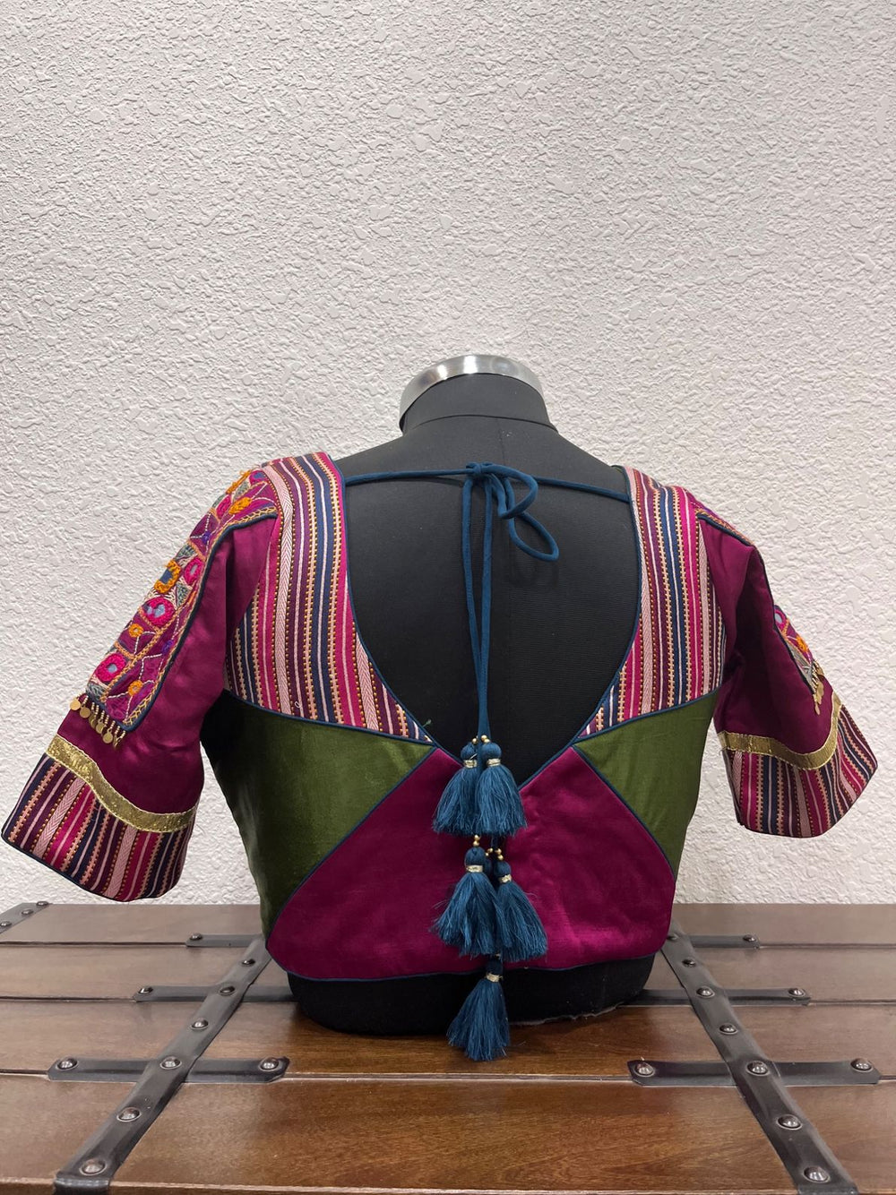 Green pink silk blouse with aabhla work on  sleeve for garba Navratri 