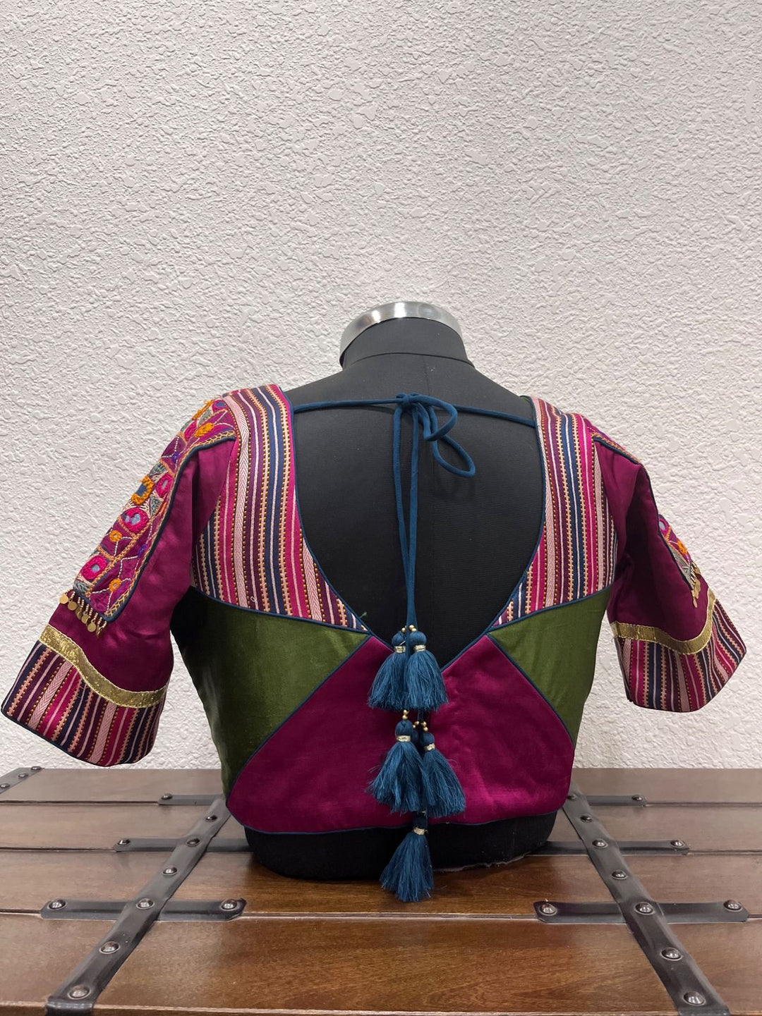Green pink silk blouse with aabhla work on  sleeve for garba Navratri 