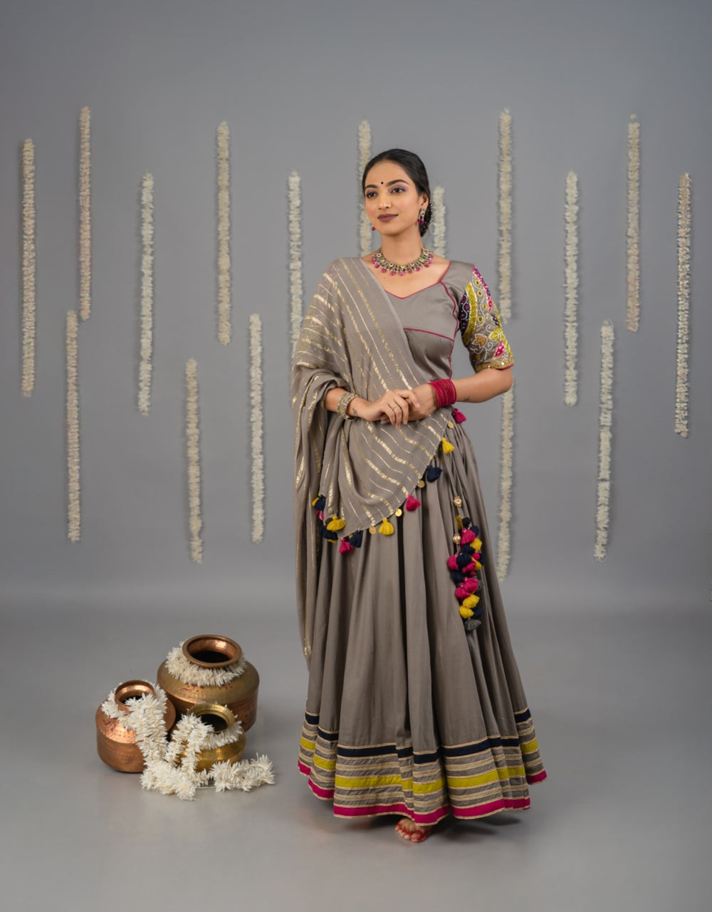 Grey cotton satin lehenga set with multicolour detailing and mirror work blouse and georgette dupatta garba outfit 
