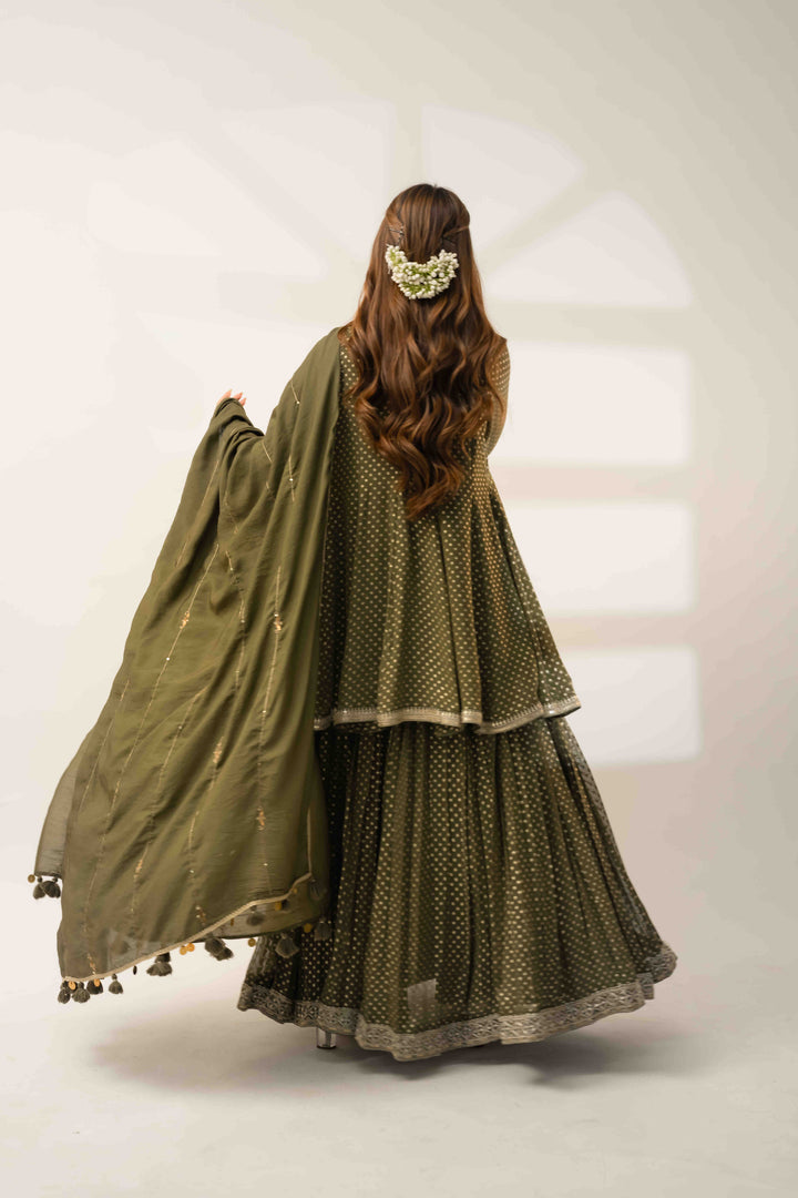 Olive Green Indo-Western Chaniya Style Anarkali Set with Dupatta | Pohi Studio