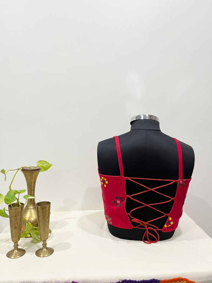 Red mirror work spaghetti sleeveless strap blouse | kutchi work | Pohi studio Ahmedabad
