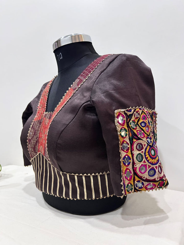 Brown silk patchwork blouse | festive and Navratri wear | Pohi studio Ahmedabad