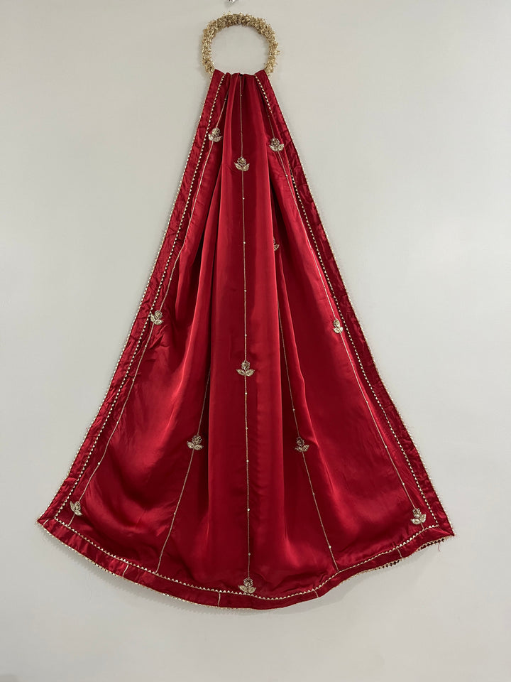 Red Georgette Satin Handworked Dupatta