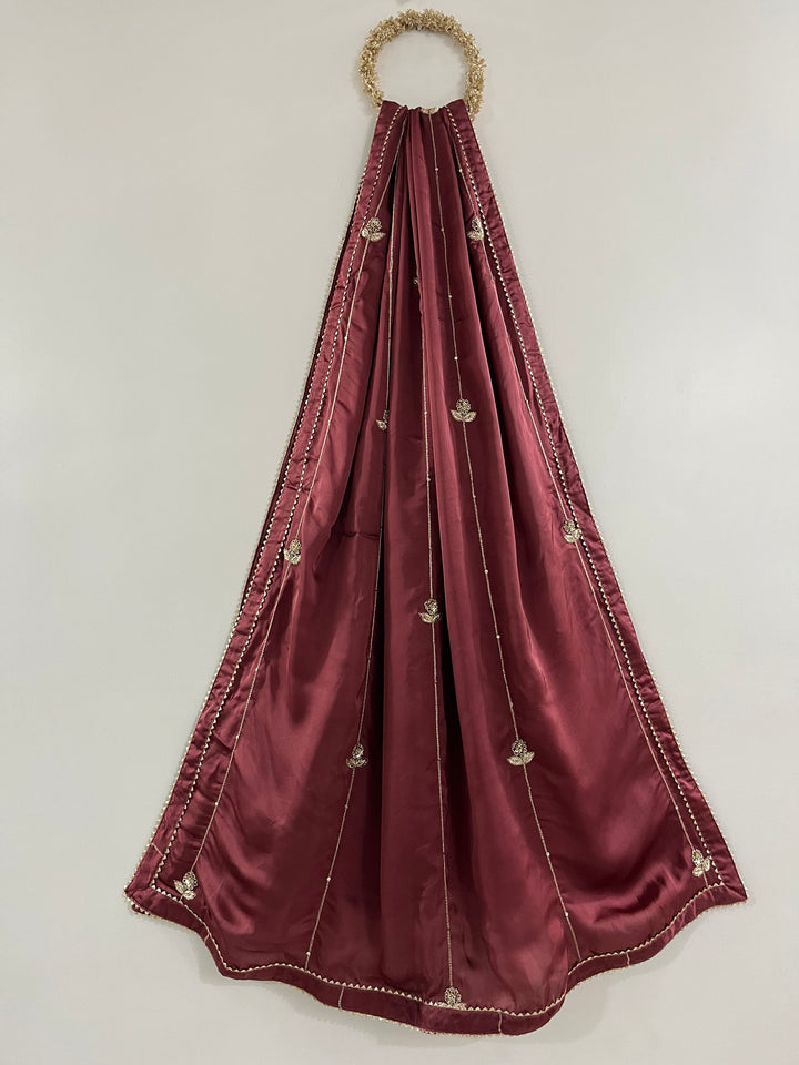 Wine Rose Georgette Satin Handworked Dupatta