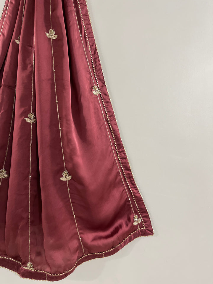 Wine Rose Georgette Satin Handworked Dupatta