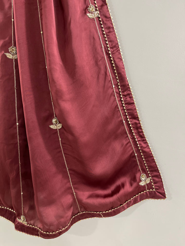 Wine Rose Georgette Satin Handworked Dupatta
