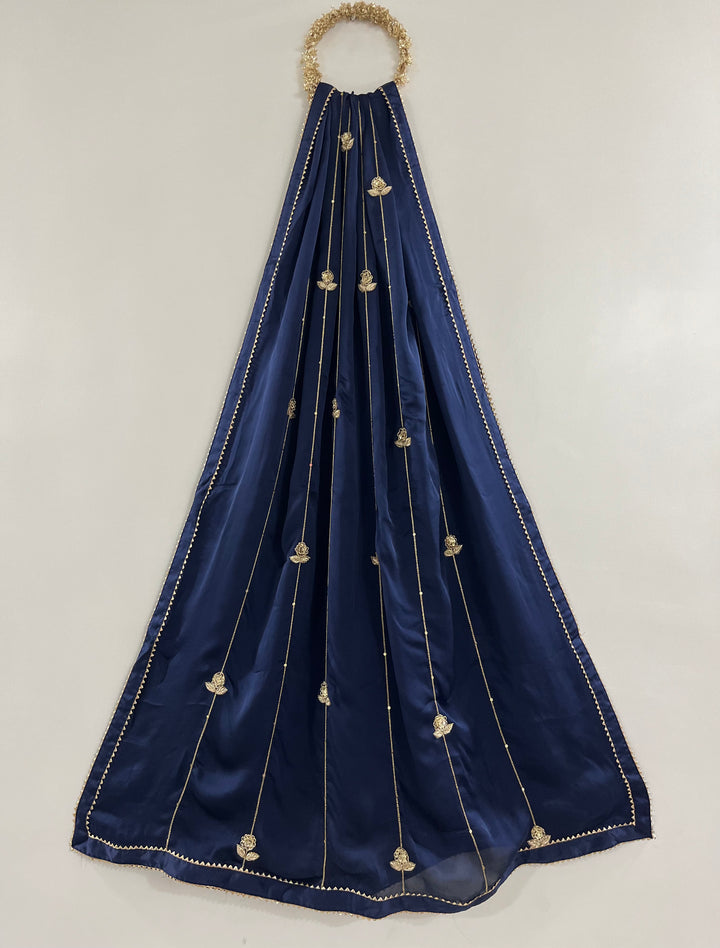 Navy Blue Georgette Satin Handworked Dupatta