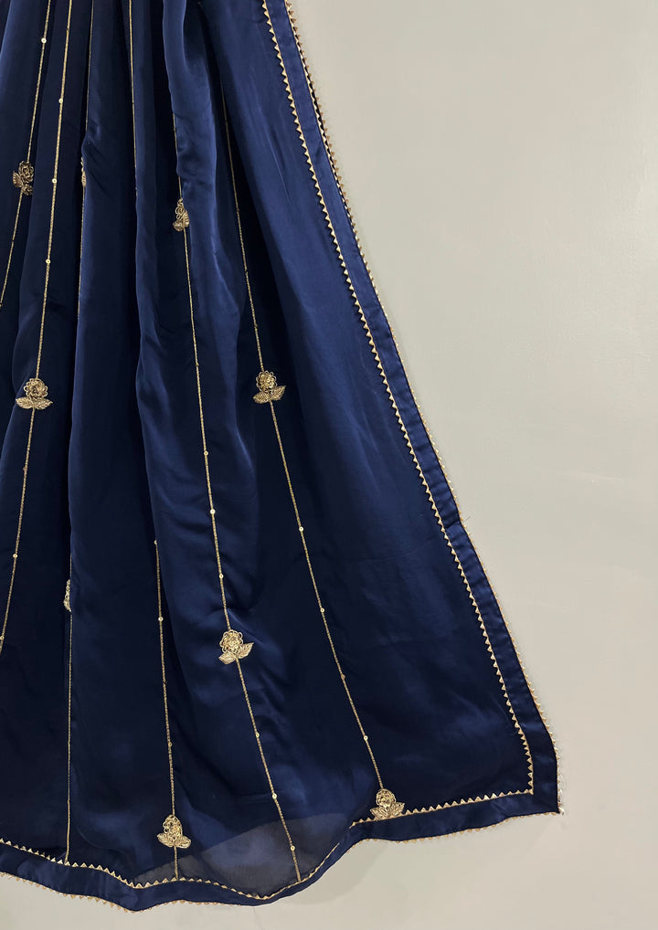 Navy Blue Georgette Satin Handworked Dupatta