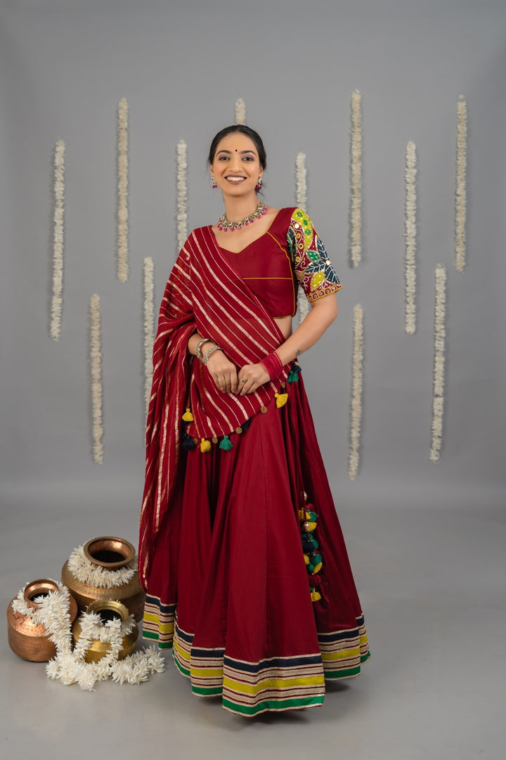 Maroon mirror work blouse cotton satin lehenga set with multicolour detailing and georgette dupatta garba Navratri outfit 