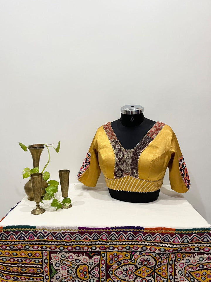 Mustard yellow Gajji silk patchwork detailing blouse for festive and Navratri wear 