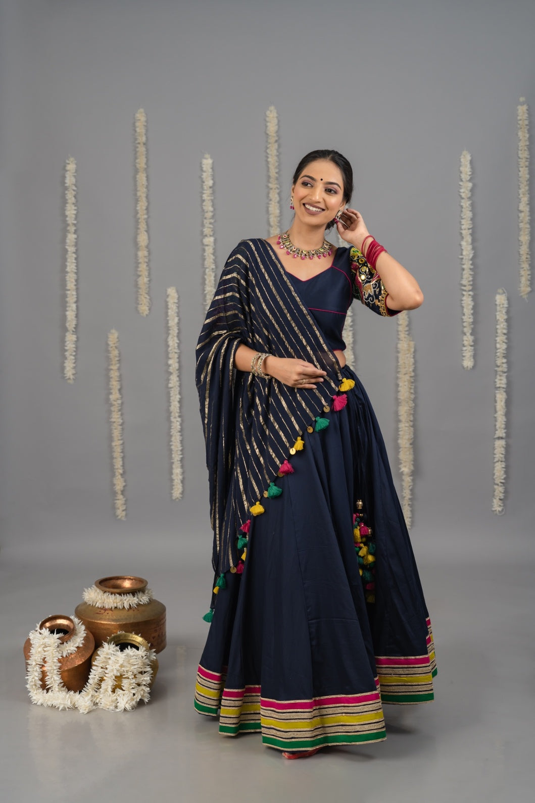 Navy blue mirror work blouse with dupatta set for festive and Navratri wear 