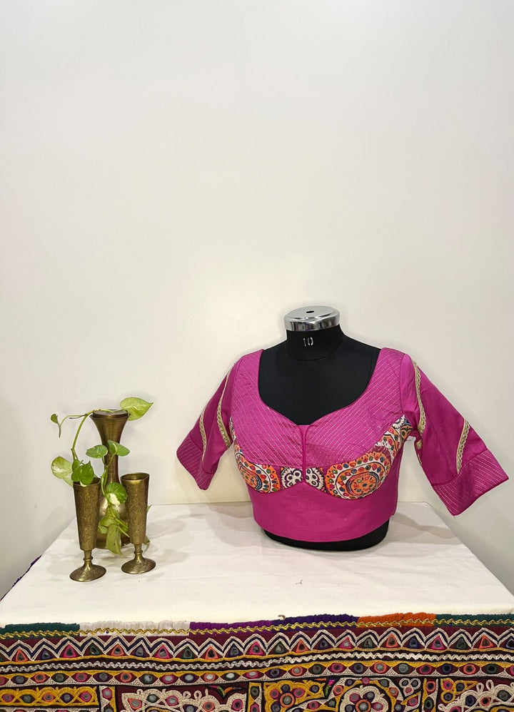 Pink smooth cotton satin kutchi embroidery work blouse for festive ad Navratri wear 