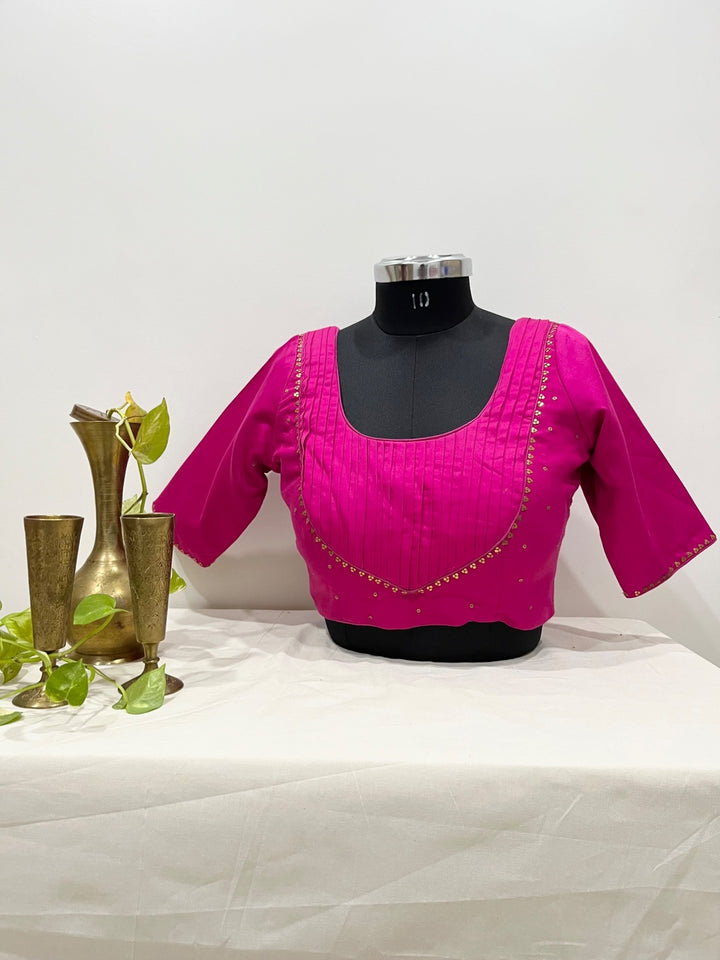 Pink cotton satin with tikki work and pleated detailing for festive and Navratri wear 