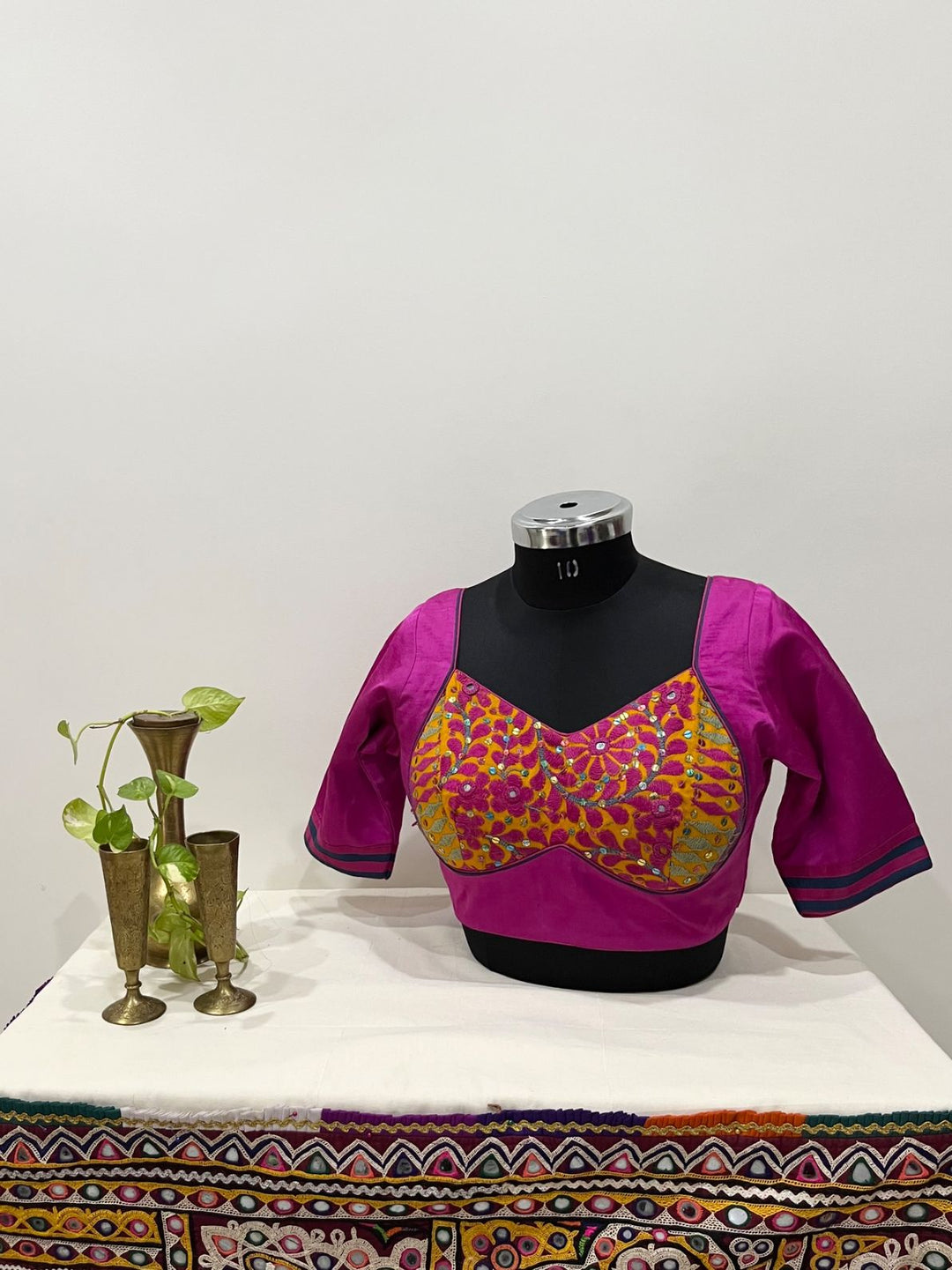 Pink raw silk kutchi embroidery work blouse for festive and Navratri wear 