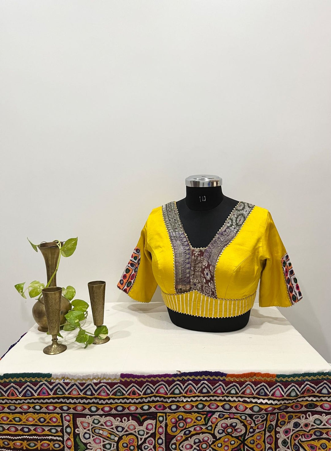 Yellow gajji silk multicolour Banarasi border and kutchi patchwork detailing blouse 