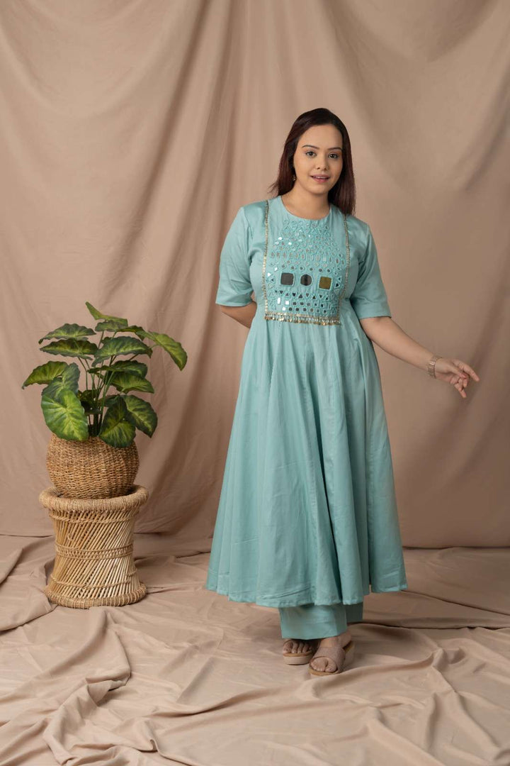 Aqua blue cotton satin kurta set with mirror work yoke for women festive wear