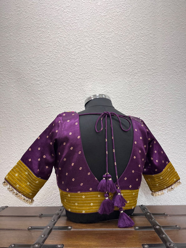 Designer Bandhej Navratri blouse in gajji silk with mirror work patches
