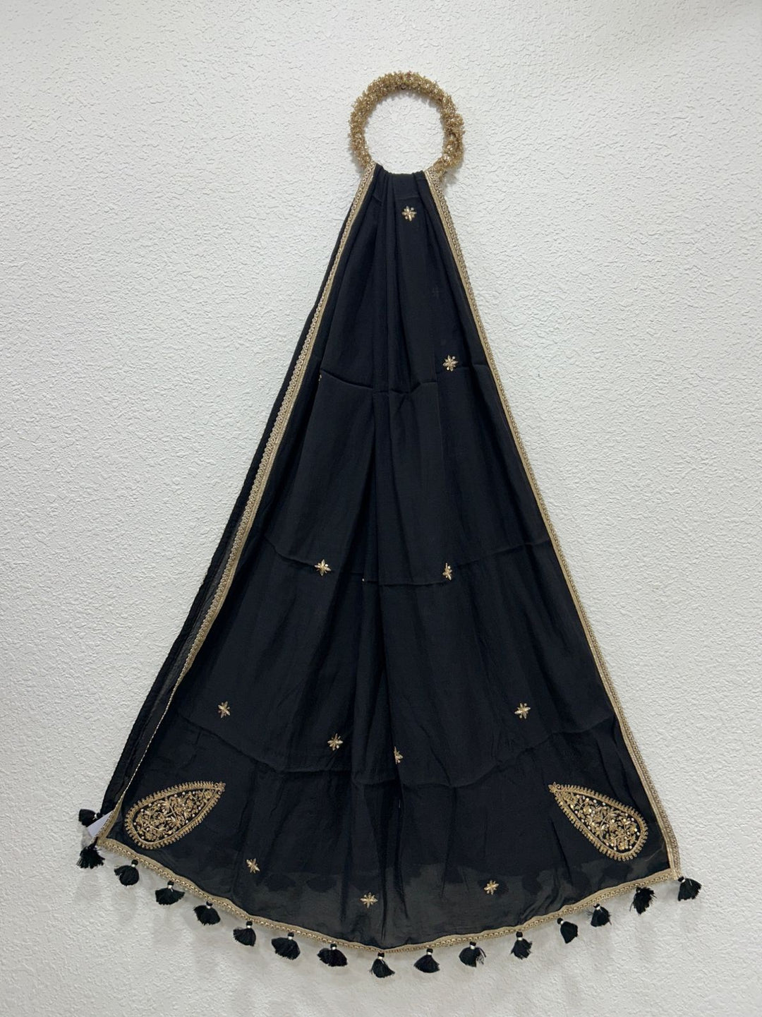 Black Chanderi cotton dupatta with intricate handcrafted khat work detailing