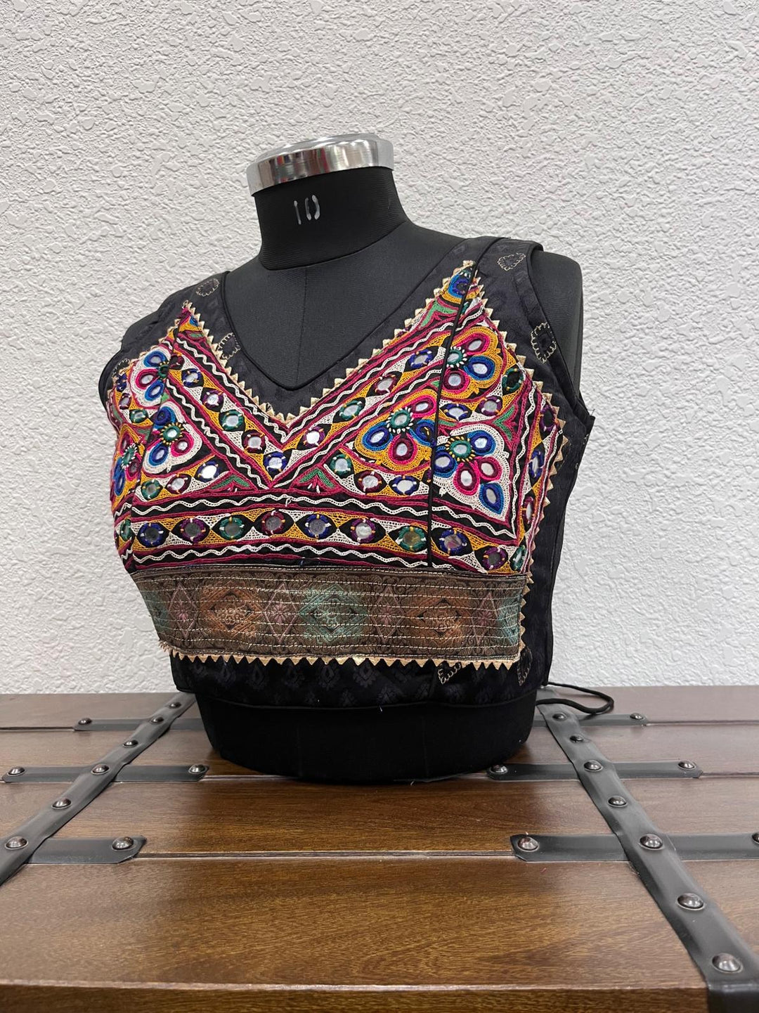 Black Gajji silk blouse with Kutchi work and golden triangle lace detailing