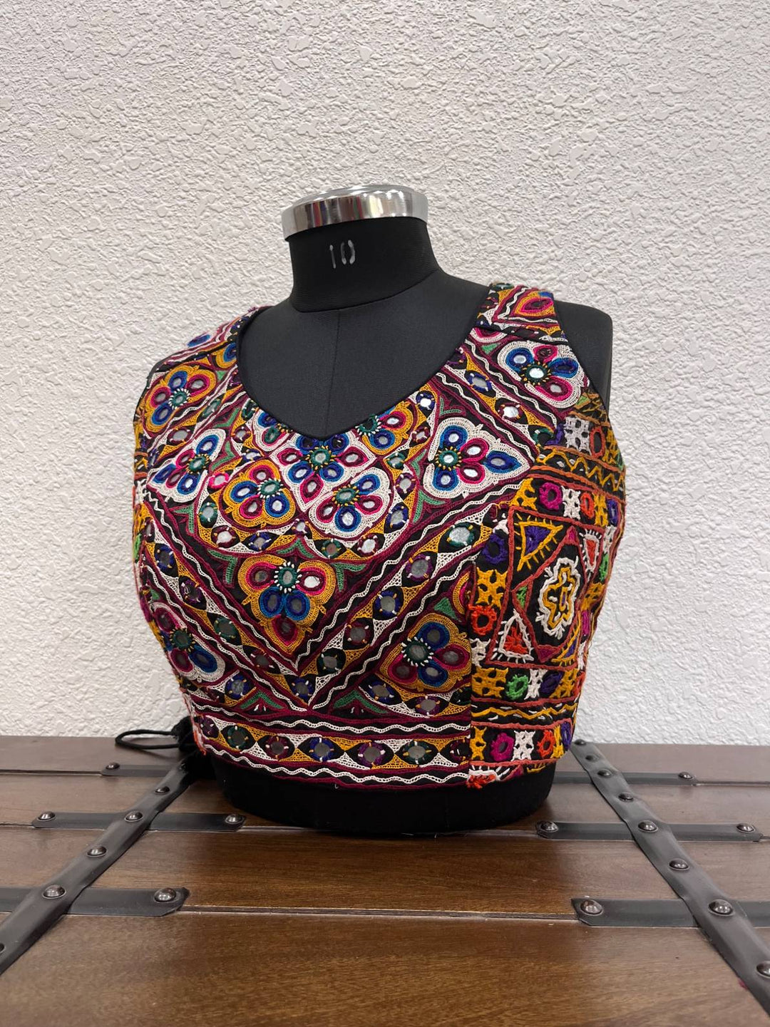 Black raw silk blouse with full Kutchi mirror Gamthi embroidery work