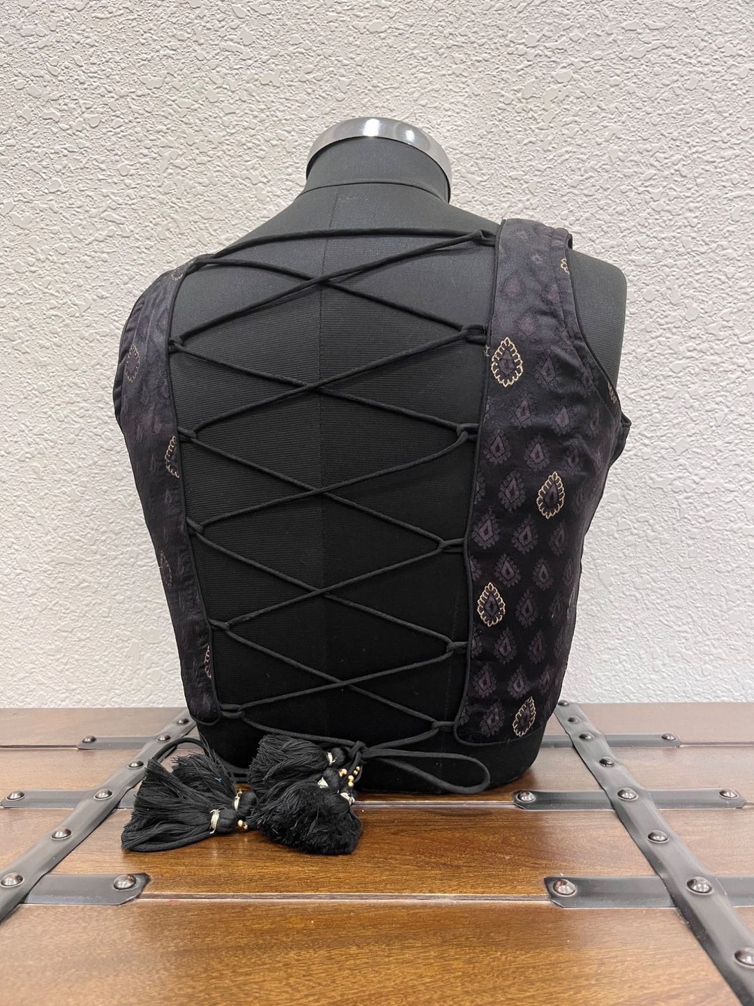 Designer black Navratri blouse with Banarasi kasab work and criss cross dori back