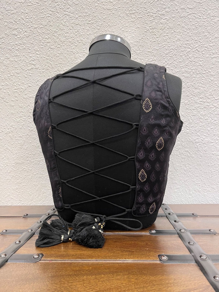 Designer black Navratri blouse with Banarasi kasab work and criss cross dori back
