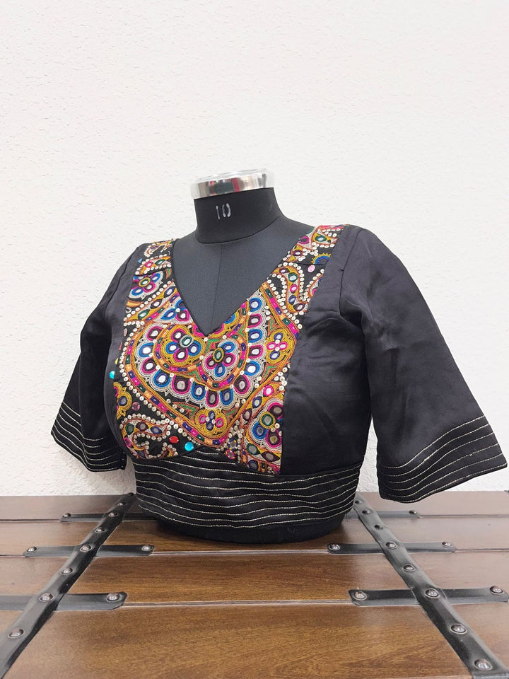 Black raw silk satin blouse with Rabari Kutchi work patch