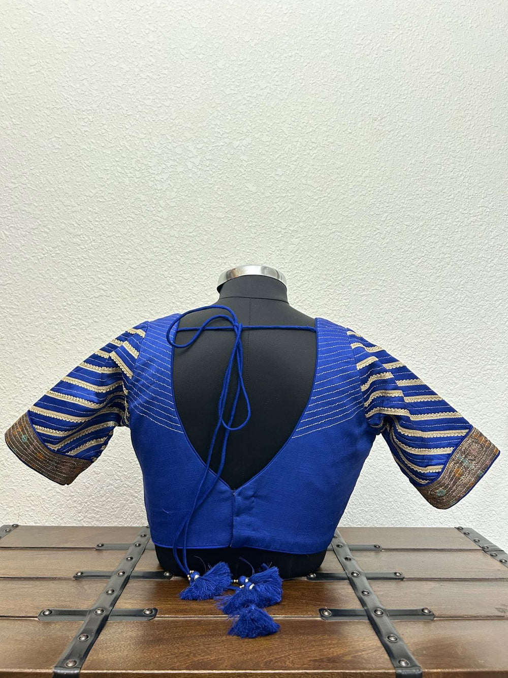 Designer royal blue festive blouse with elbow sleeves and traditional embroidery