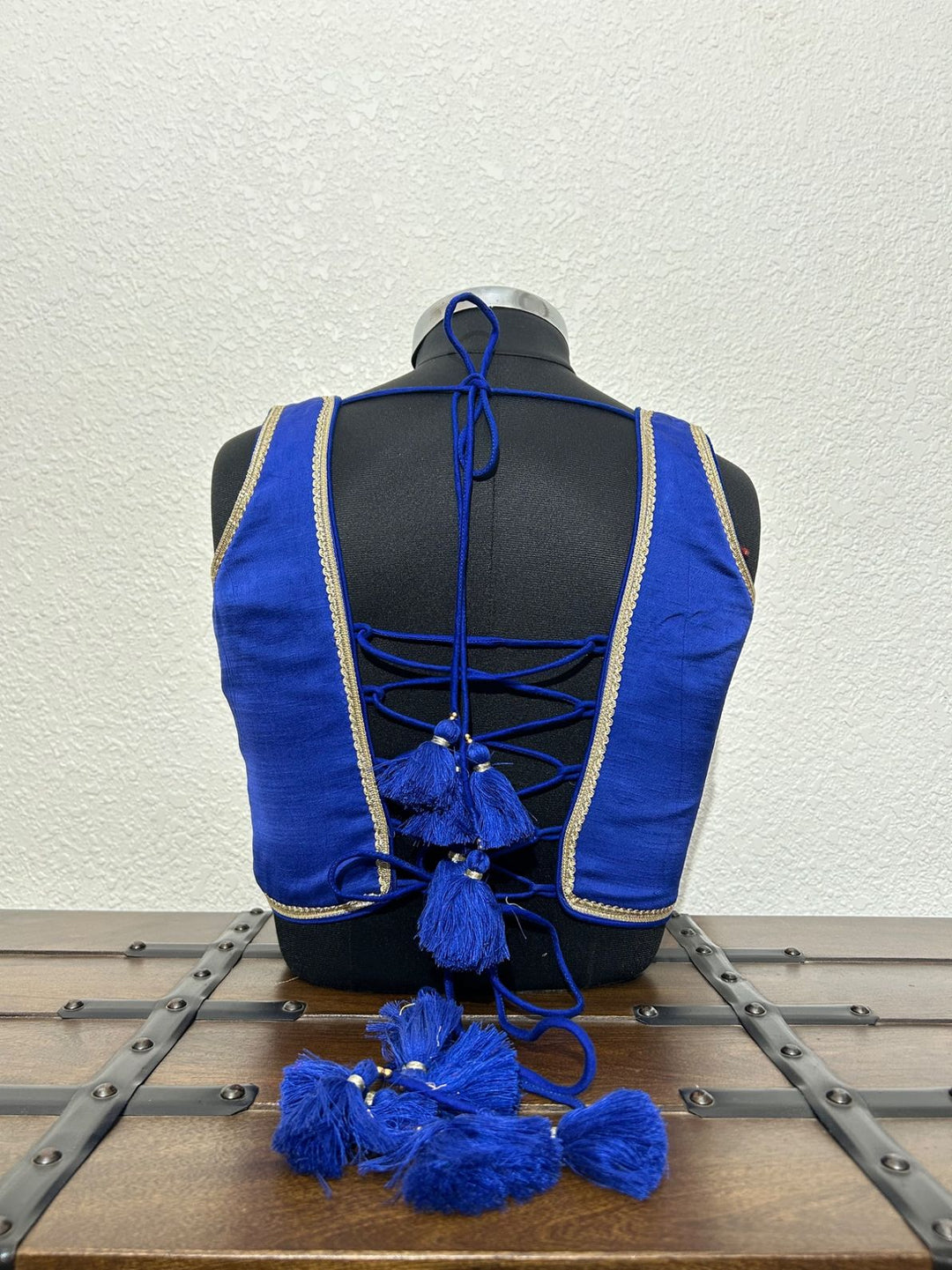 Designer royal blue Navratri blouse with stylish dori back