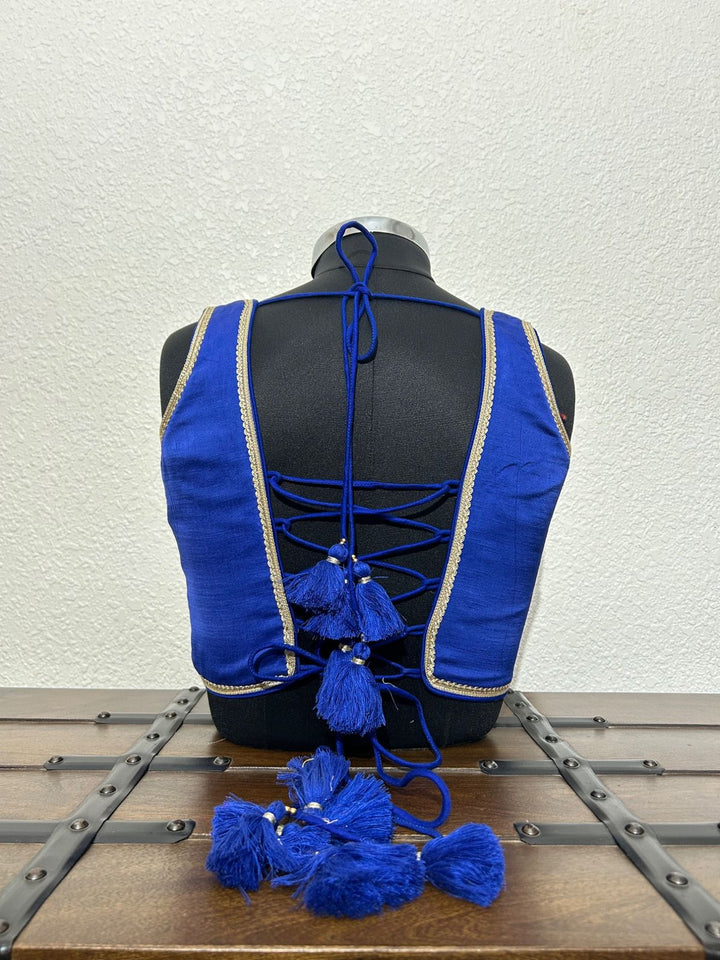 Designer royal blue Navratri blouse with stylish dori back