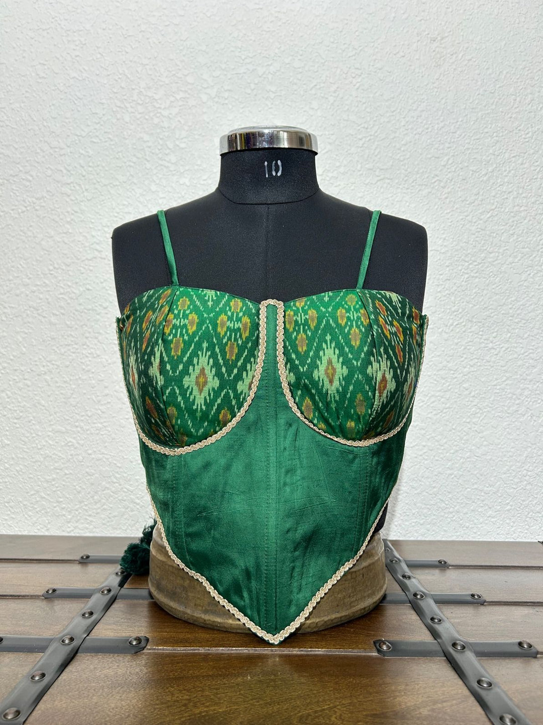Bottle green Patola corset blouse with spaghetti straps and structured silhouette for Navratri and festive wear