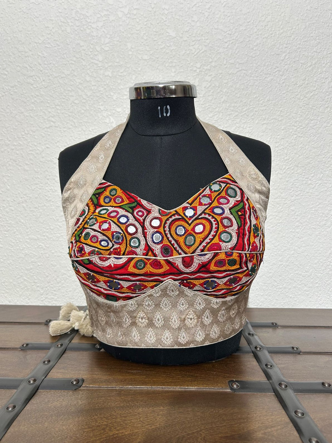 Designer festive blouse in beige with handcrafted ethnic detailing