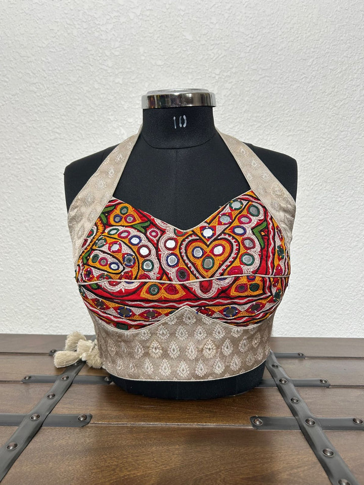 Designer festive blouse in beige with handcrafted ethnic detailing