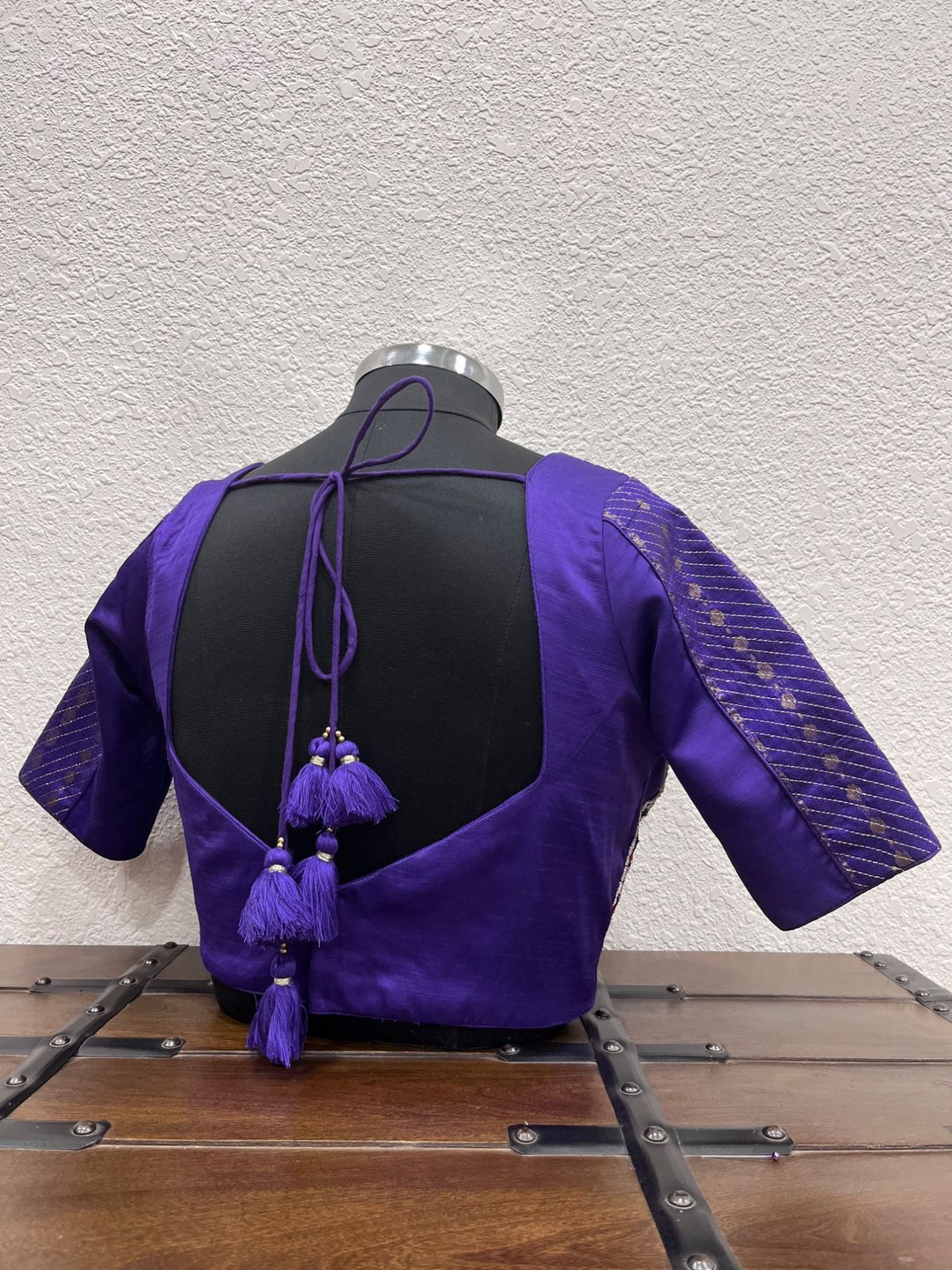 Designer purple blouse with Kutchi work, moti tikki detailing and Banarasi fabric