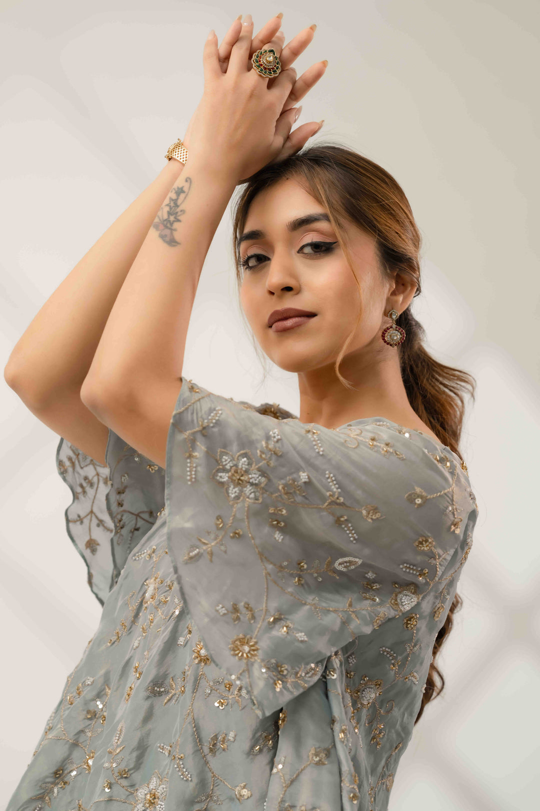 Dusty blue crush tissue palazzo set with top for women evening occasion wear India