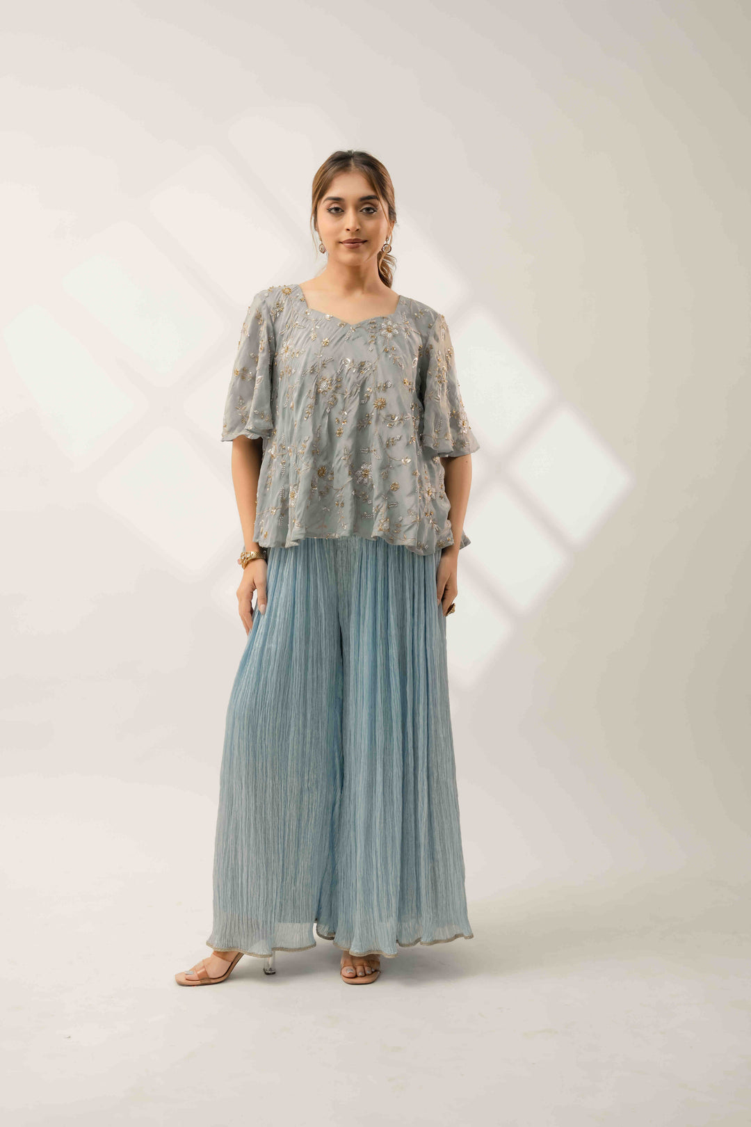 Dusty blue crush tissue palazzo set with top for women festive wear India
