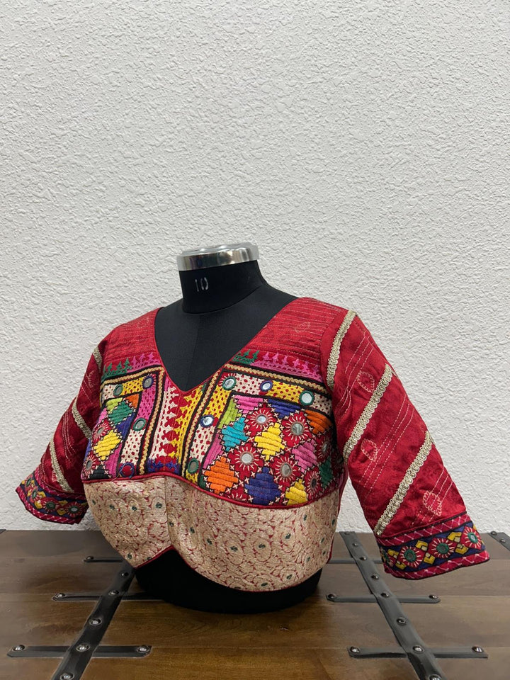 Festive Gajji silk blouse with mirror Kutchi patch work and handcrafted detailing