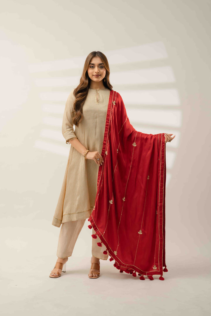 Golden tissue kurta set with red dupatta for women