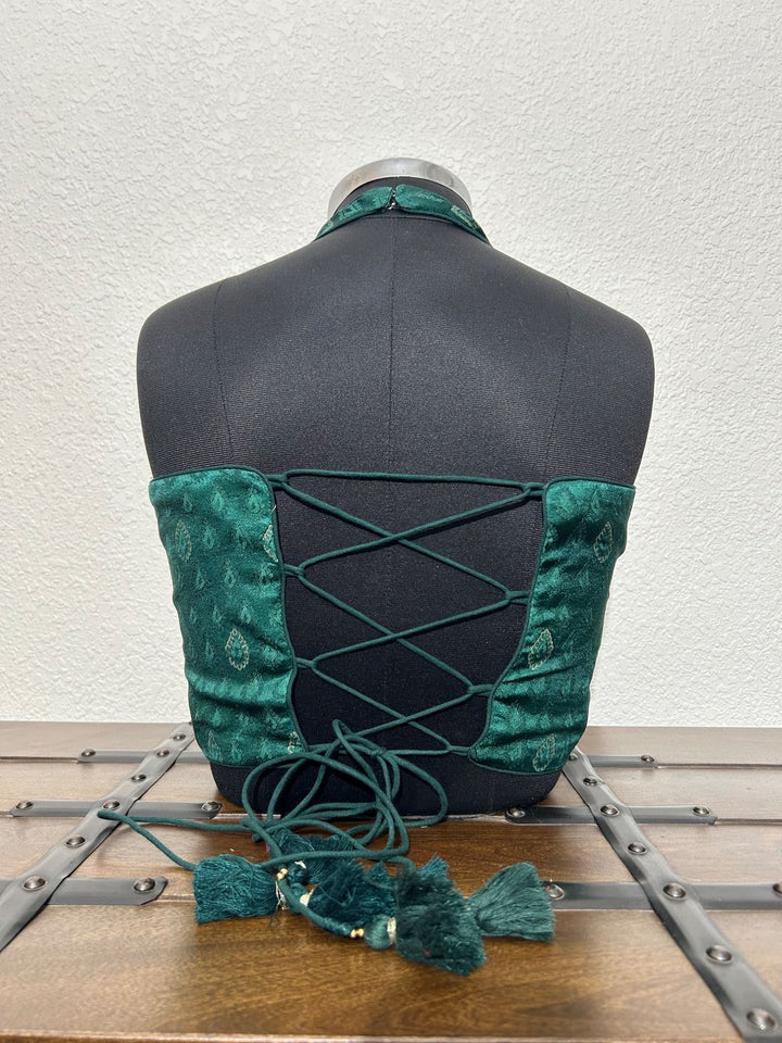 Green festive blouse with stylish criss cross dori back