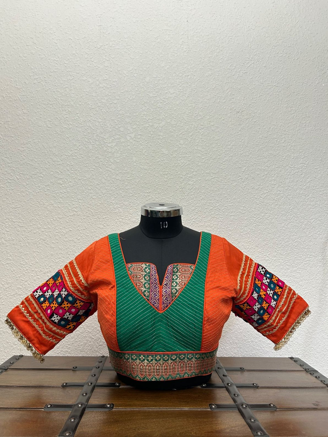 Green front panel blouse with elegant kasab embroidery work