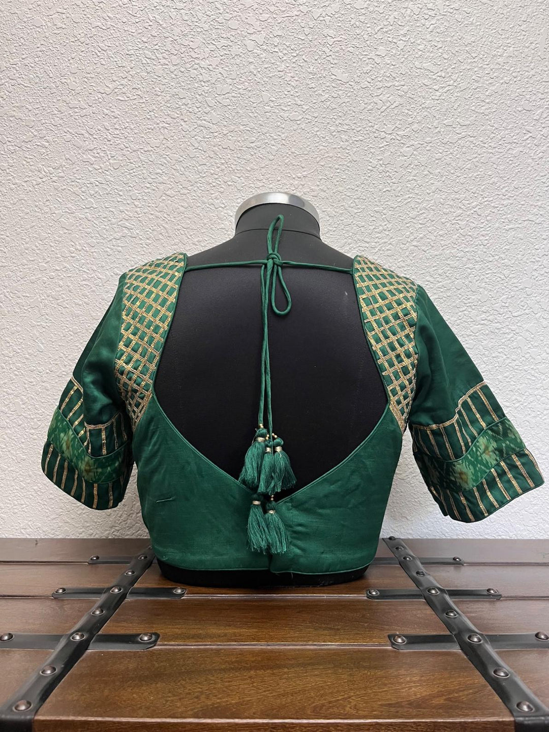 Green ikkat Patola raw silk Navratri blouse with crush tissue lace detailing by Pohi Studio
