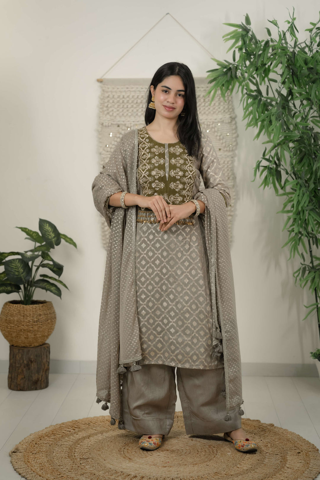  grey kurta set with mehndi handwork yoke, straight pants and georgette dupatta.