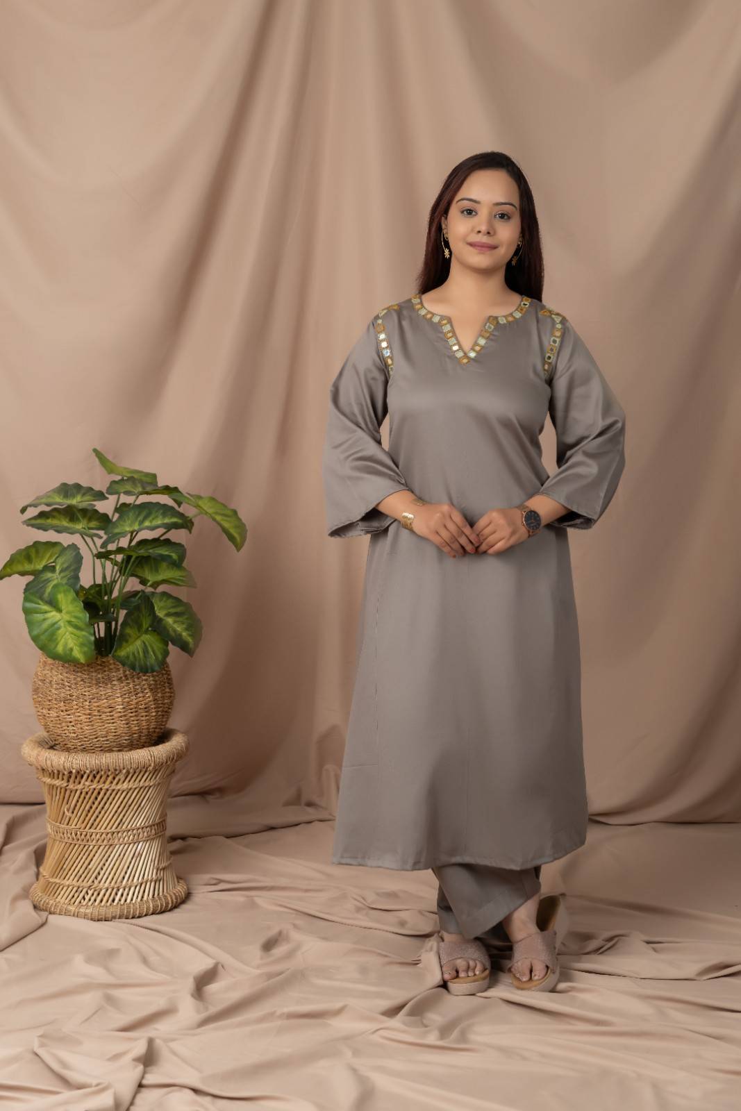Grey mirror work kurta set in cotton satin for women minimal festive ethnic wear