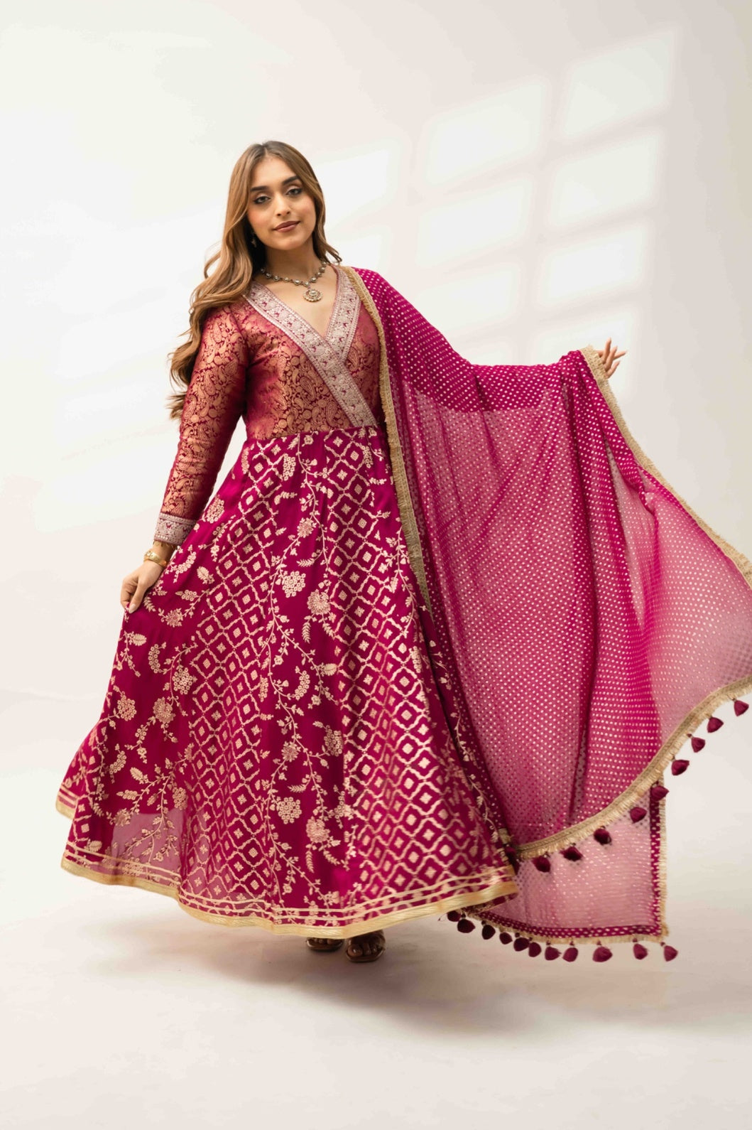 Magenta Anarkali suit for women with dupatta, elegant festive wear by Pohi Studio Ahmedabad
