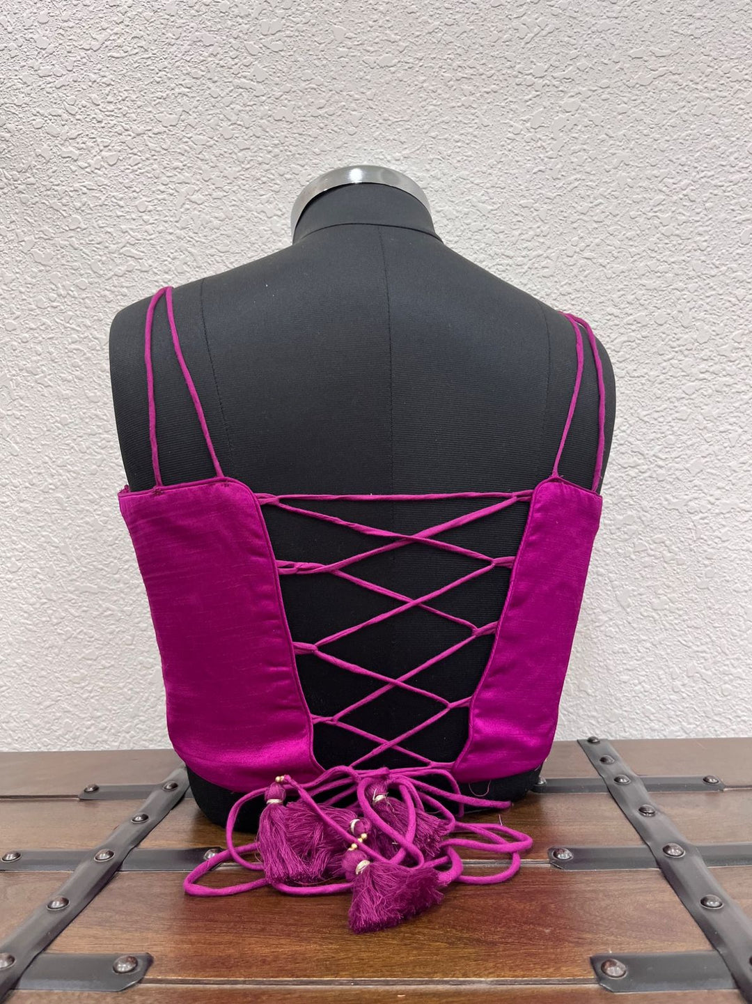 Designer magenta Navratri blouse with criss cross dori back and mirror work